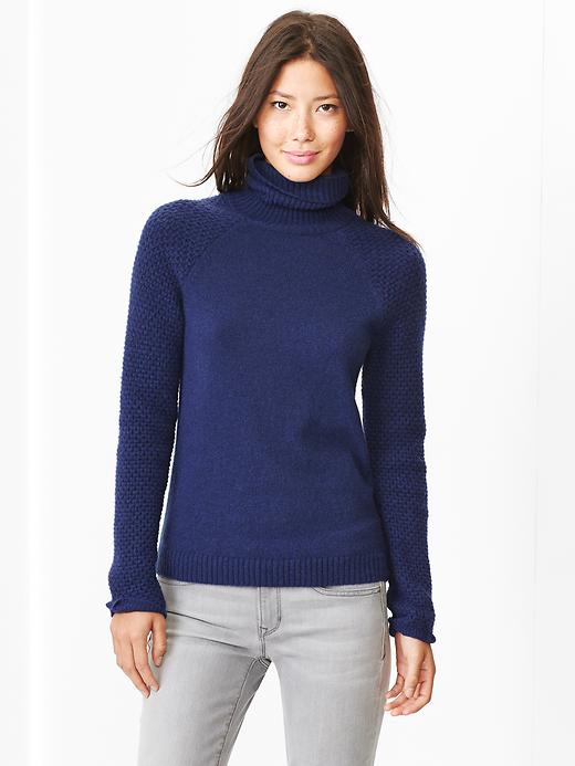 View large product image 1 of 1. Contrast-sleeve turtleneck sweater