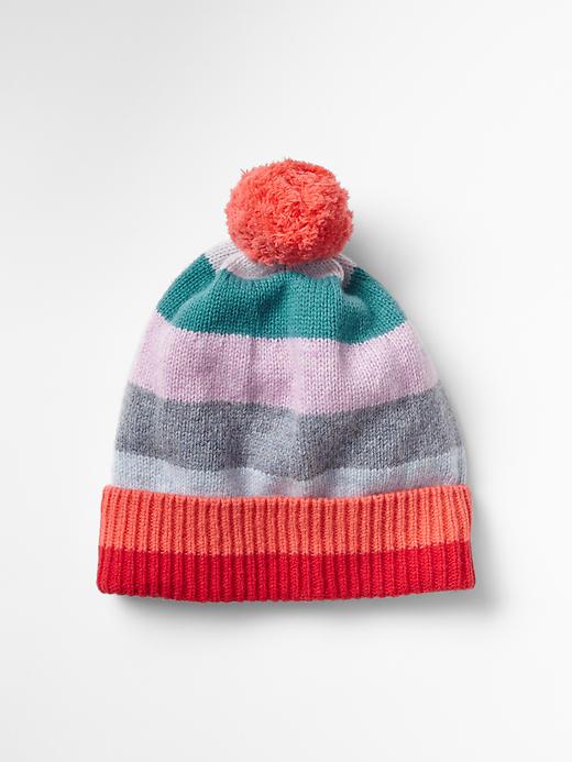 View large product image 1 of 1. Pom-pom holiday stripe wool beanie