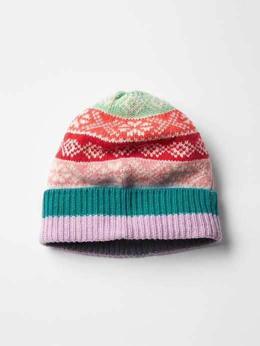 View large product image 1 of 1. Fair isle stripe wool beanie