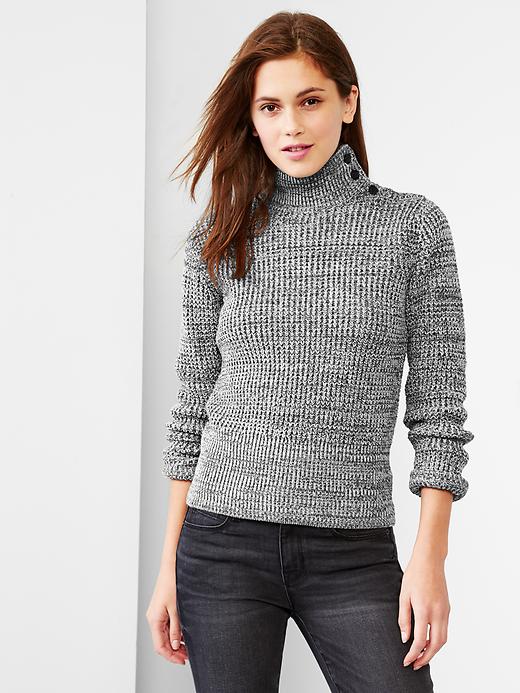 View large product image 1 of 1. Button mockneck marled waffle sweater