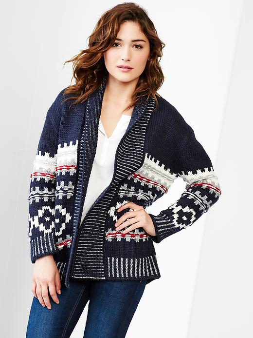 View large product image 1 of 1. Fair isle open front cardigan