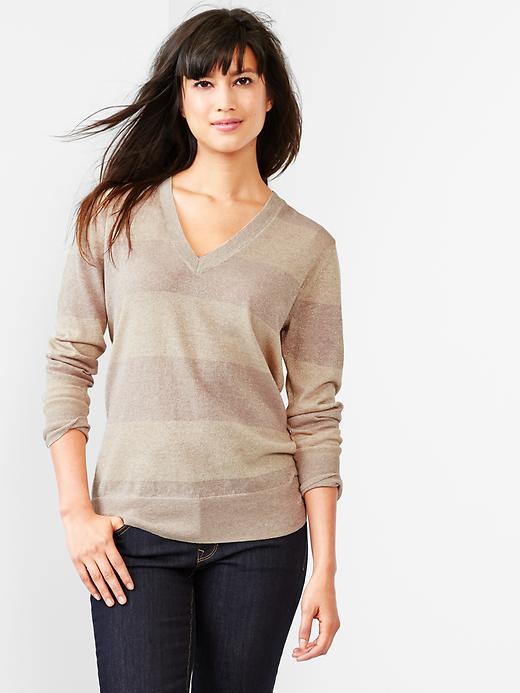 View large product image 1 of 1. Shimmer stripe V-neck sweater