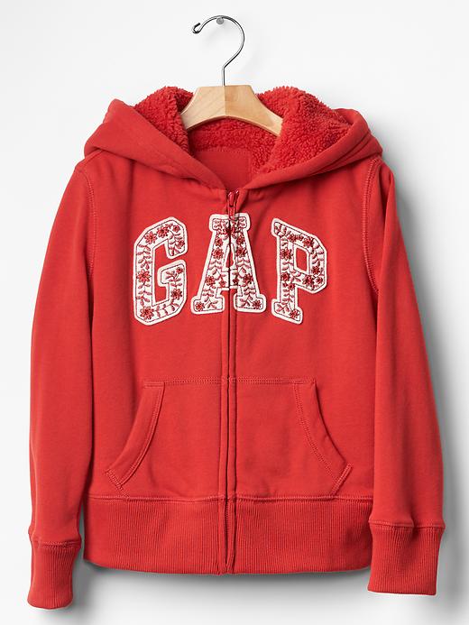 View large product image 1 of 1. Floral sherpa-lined logo zip hoodie