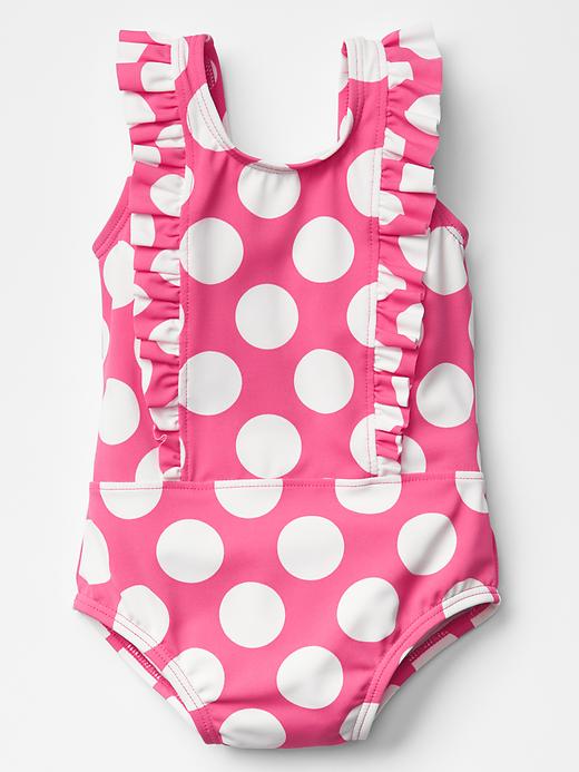 View large product image 1 of 1. Printed ruffle swim one-piece