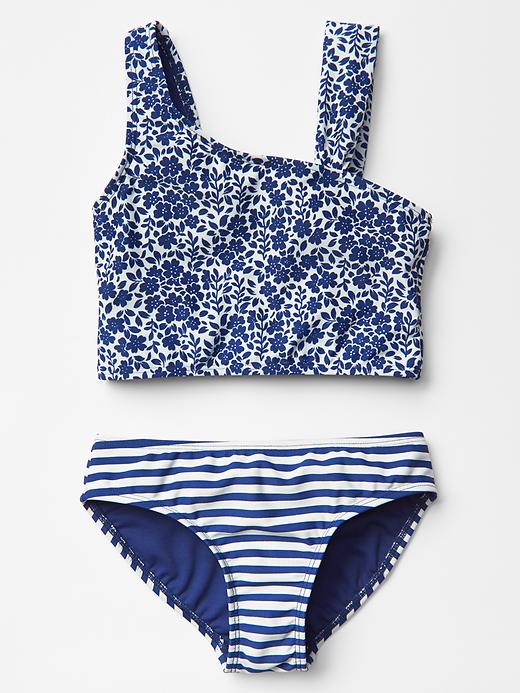 View large product image 1 of 1. Mix-print asymmetrical swim two-piece