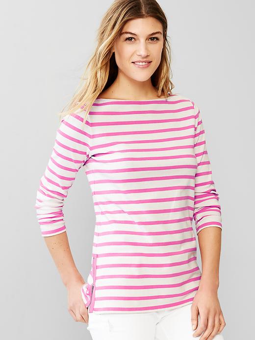 View large product image 1 of 1. Stripe side-zip boatneck tee