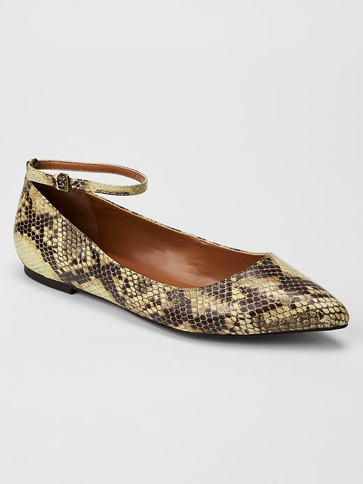 View large product image 1 of 1. Snakeskin ankle-strap ballet flats