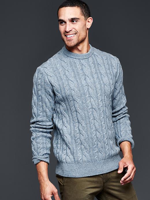 View large product image 1 of 1. Lambswool cableknit crew sweater