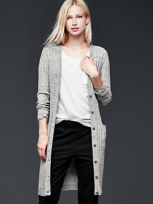 View large product image 1 of 1. Long ribbed cardigan
