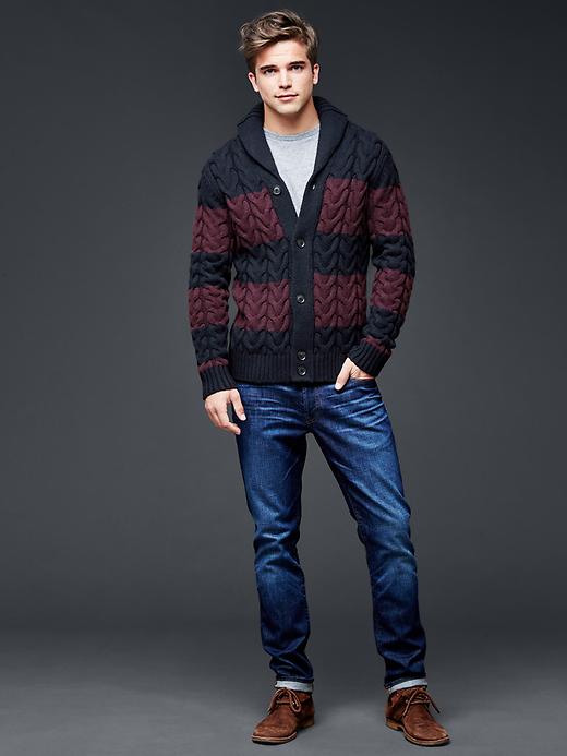 Image number 3 showing, Lambswool shawlneck rugby cable cardigan
