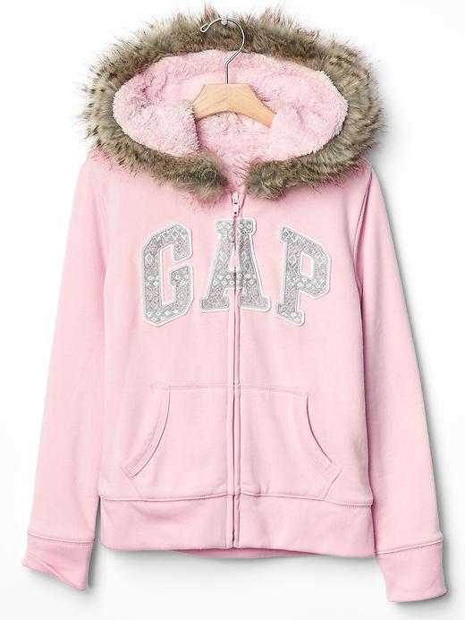 View large product image 1 of 1. Cozy fur-trim fair isle logo zip hoodie