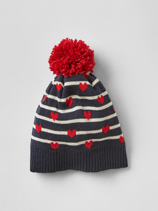 View large product image 1 of 1. Heart & stripes pom-pom beanie