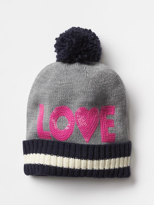 View large product image 1 of 1. Sequin love pom-pom beanie