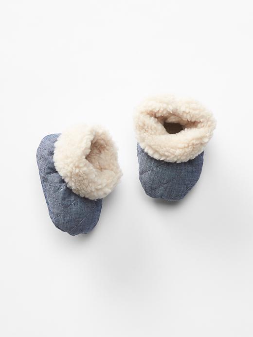 View large product image 1 of 1. Cozy quilted chambray booties