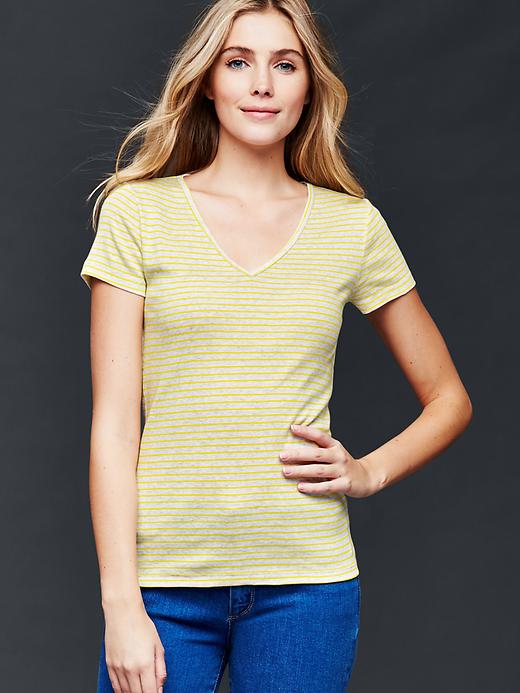 View large product image 1 of 1. Modern V-neck fine stripe tee