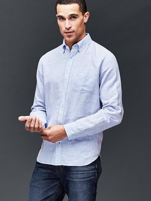 Image number 1 showing, Linen-cotton horizontal stripe standard fit shirt