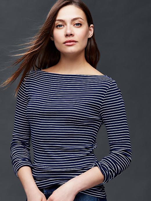 View large product image 1 of 1. Modern boatneck mini stripe tee