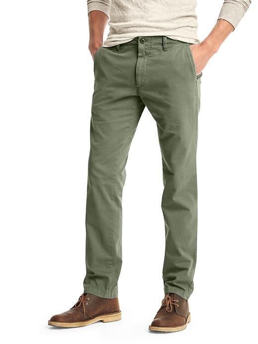 View large product image 1 of 1. Vintage washed slim fit khakis