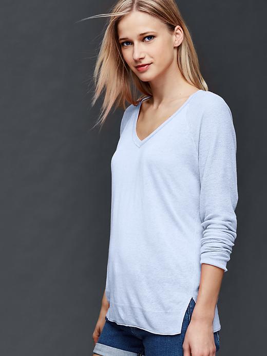 View large product image 1 of 1. Linen blend V-neck sweater