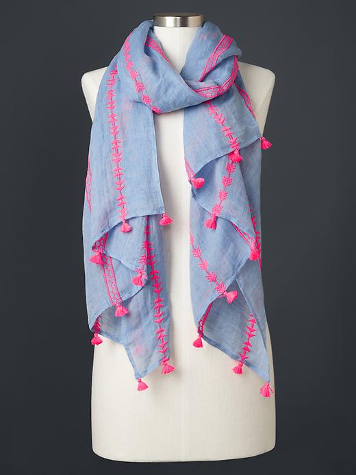 View large product image 1 of 1. Embroidered tassel scarf