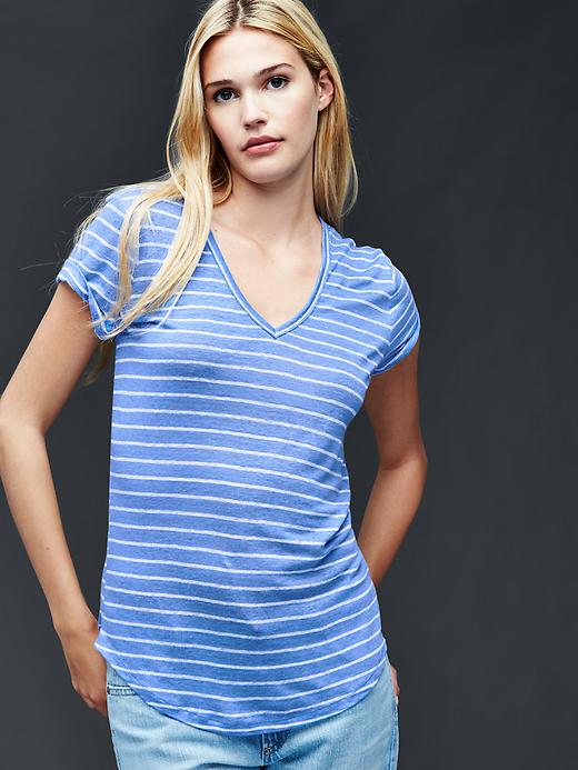 View large product image 1 of 1. Linen V-neck stripe tee