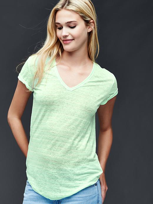 View large product image 1 of 1. Linen V-neck stripe tee