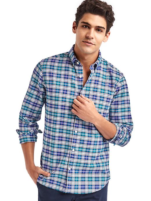 View large product image 1 of 1. Oxford multi plaid slim fit shirt