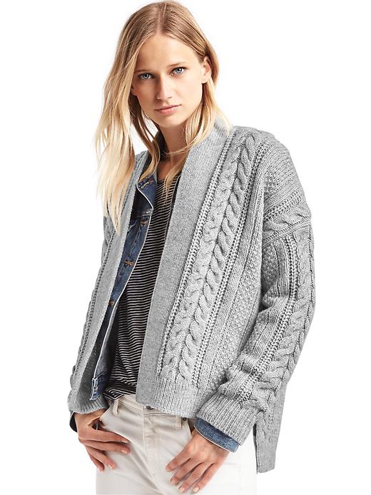 View large product image 1 of 1. Cable knit hi-lo cardigan