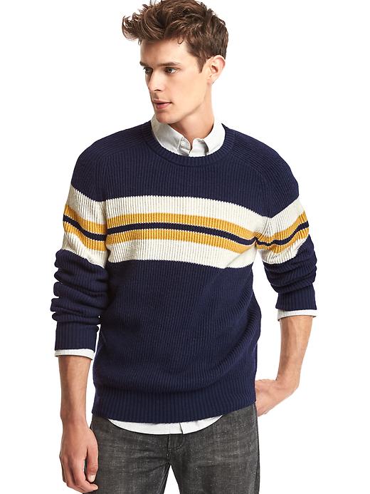 View large product image 1 of 1. Ribbed chest-stripe crewneck sweater
