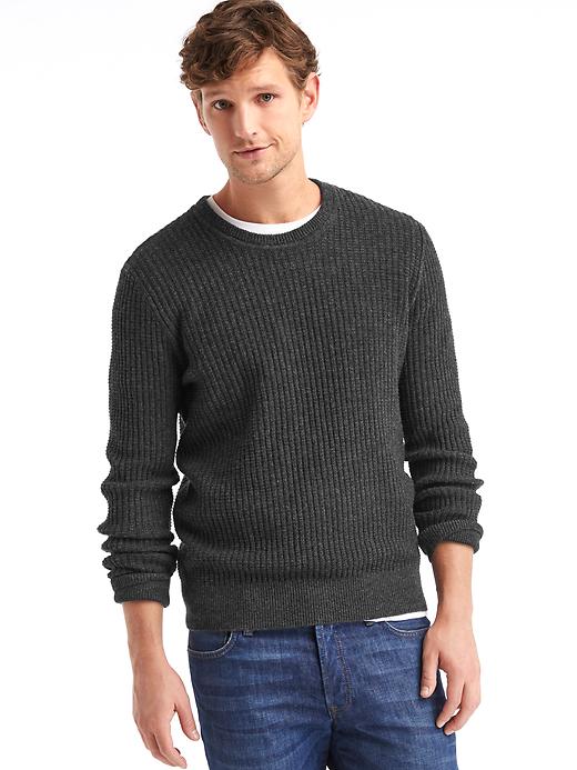 View large product image 1 of 1. Merino wool blend ribbed crew sweater
