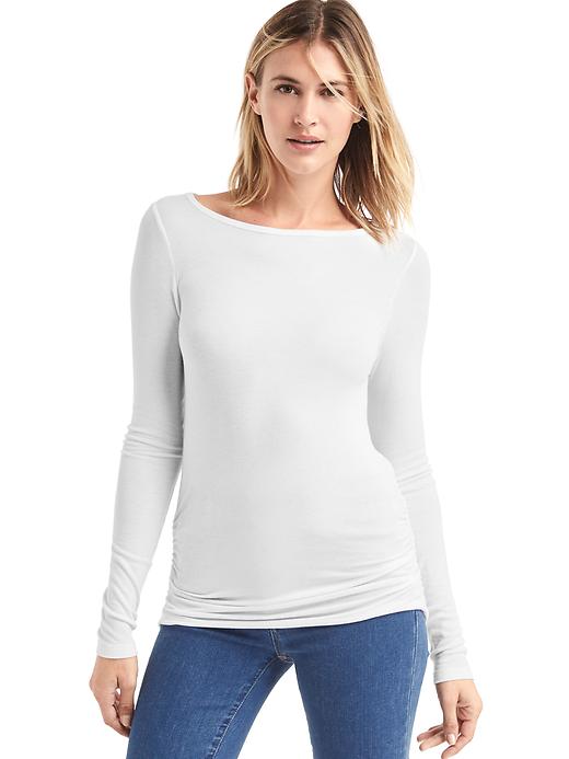 View large product image 1 of 1. Ribbed boatneck long sleeve top