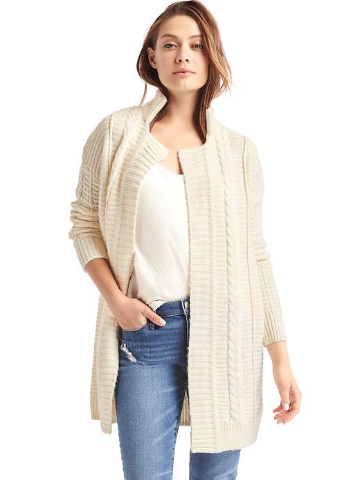 View large product image 1 of 1. Cable knit notch collar cardigan