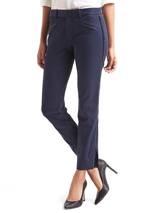 View large product image 1 of 1. Bi-stretch skinny ankle velvet-trim pants