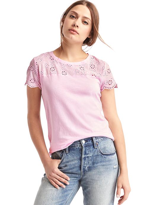 View large product image 1 of 1. Pretty eyelet-yoke top