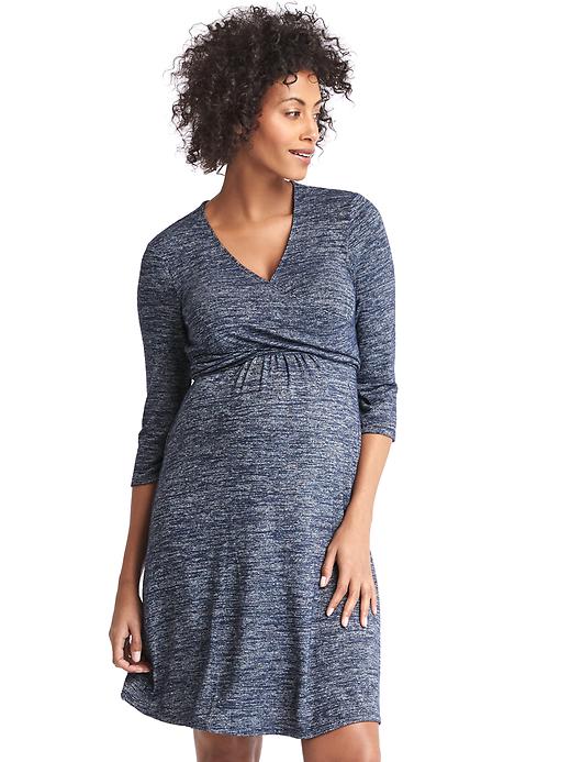 View large product image 1 of 1. Maternity softspun knit three-quarter wrap dress