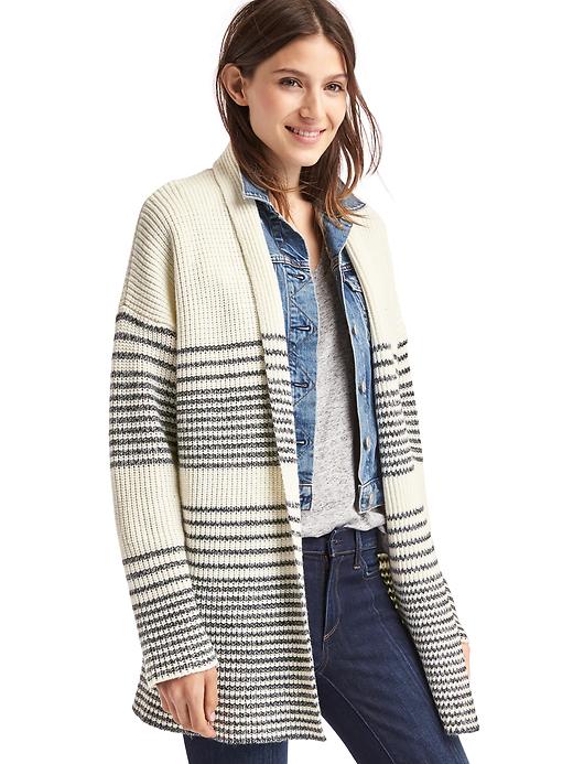 View large product image 1 of 1. Merino wool blend gradient stripe shaker cardigan