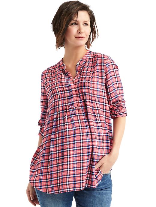 Image number 1 showing, Maternity plaid long sleeve pintuck shirt