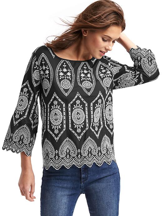 View large product image 1 of 1. Intricate eyelet three-quarter sleeve top