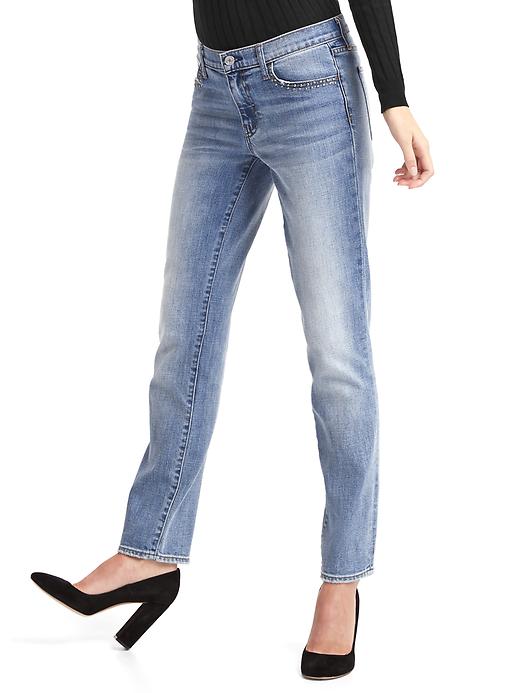 Image number 1 showing, Mid rise stud-pocket real straight jeans