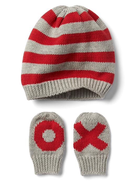 View large product image 1 of 1. Love stripe hat and mitten set