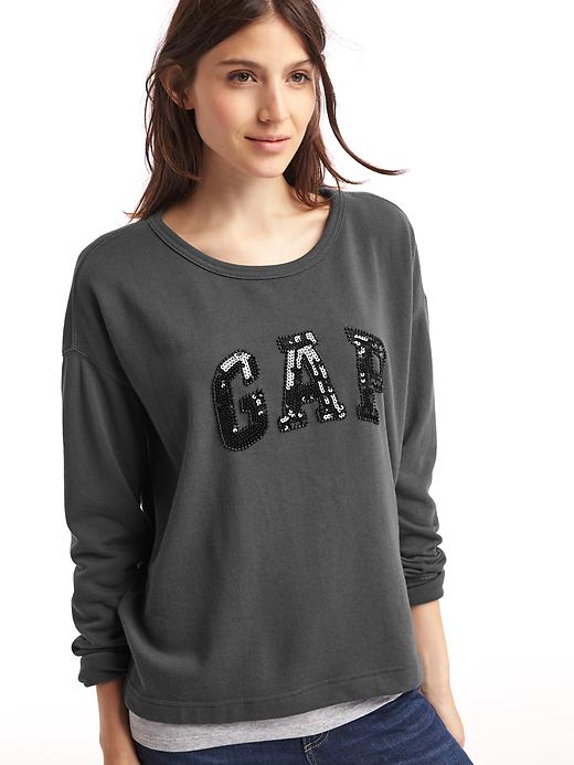 View large product image 1 of 1. Sequin logo applique slouchy sweatshirt
