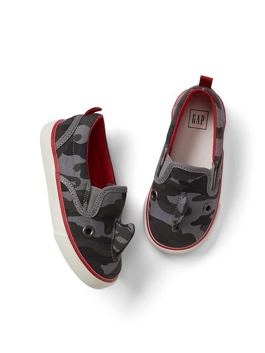 View large product image 1 of 1. Camo shark slip-on sneakers