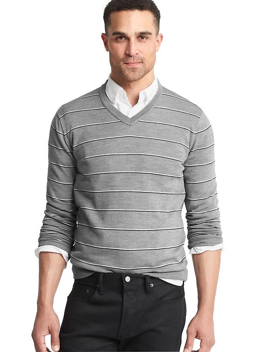 View large product image 1 of 1. Merino wool stripe slim fit sweater