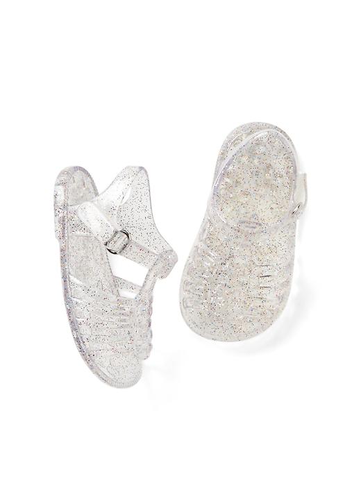 View large product image 1 of 1. Glitter basketweave jelly sandals
