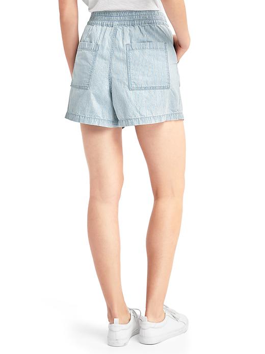 Image number 2 showing, 1969 paper bag-waist railroad stripe denim shorts
