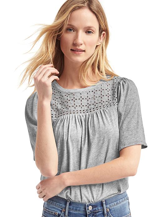 View large product image 1 of 1. Eyelet lace half-sleeve tee
