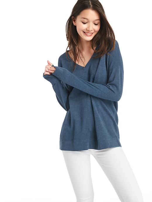 View large product image 1 of 1. French terry V-neck tunic sweater