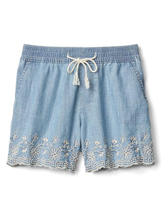 Image number 1 showing, Floral embroidery pull-on denim shorts