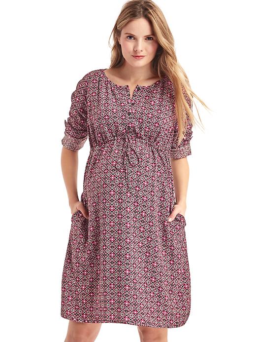 View large product image 1 of 1. Maternity floral mosaic long sleeve shirtdress