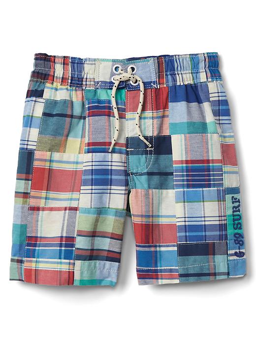 Image number 1 showing, Plaid patchwork swim trunks